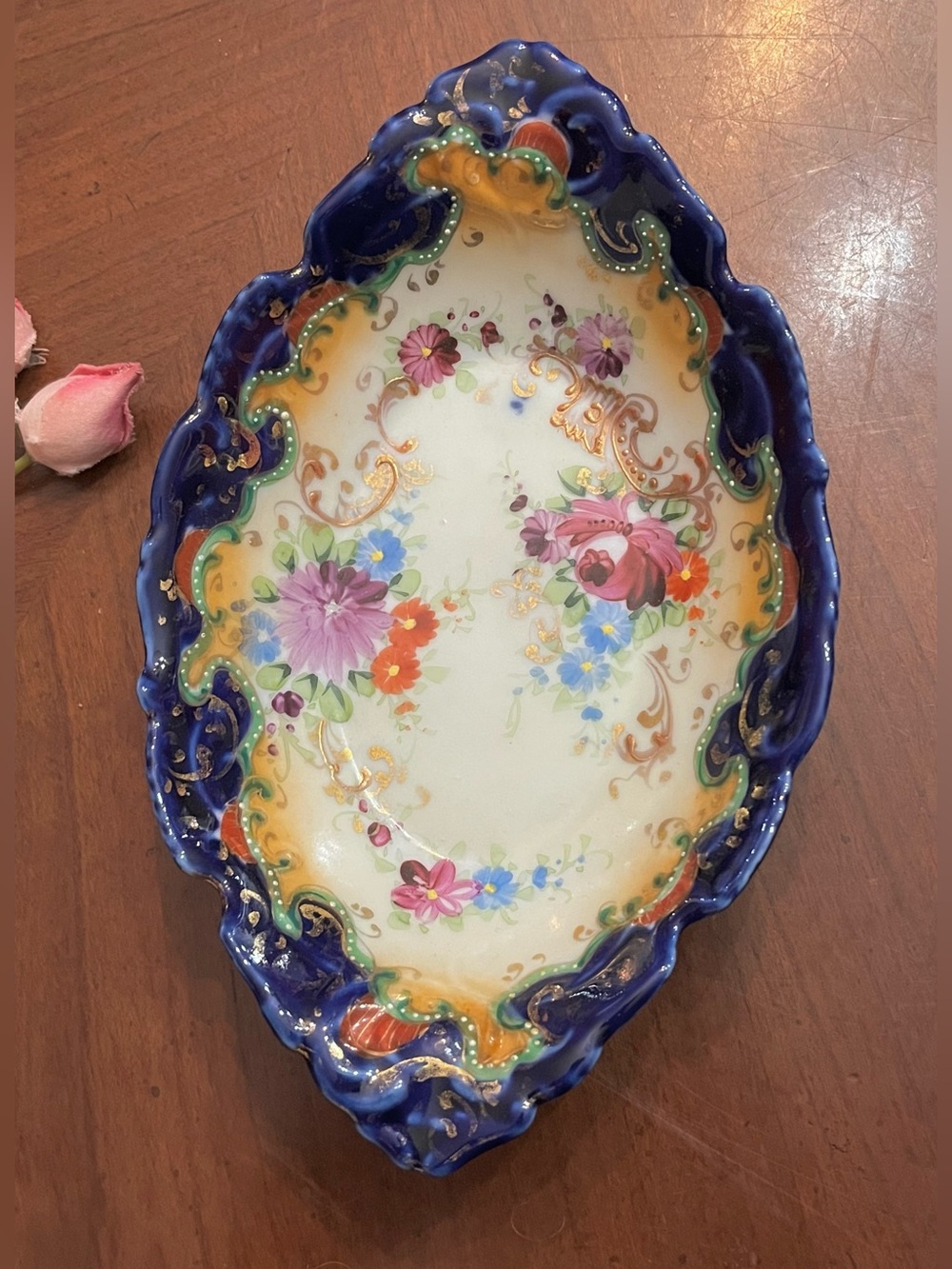 Antique Nippon Porcelain Trinket Dish Cobalt Blue & Gold Gilt Floral 1891-1921